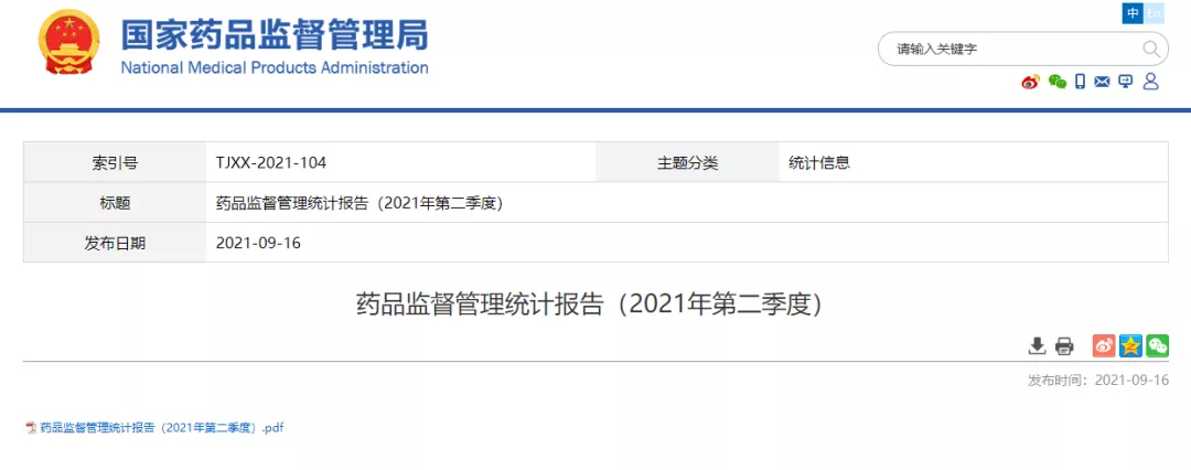 国家药监局发布了2021年第二季度《药品监督管理统计报告》